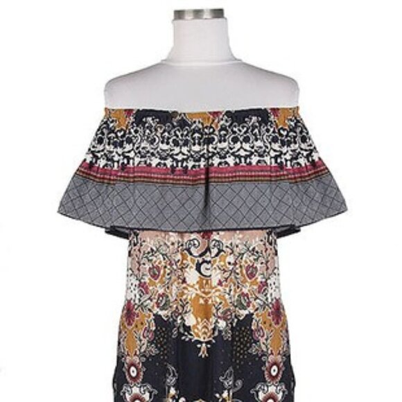 TRIBE Blue off the Shoulder Bohemian Floral MIDI Sundress Dress Size Small NWT - Picture 3 of 8